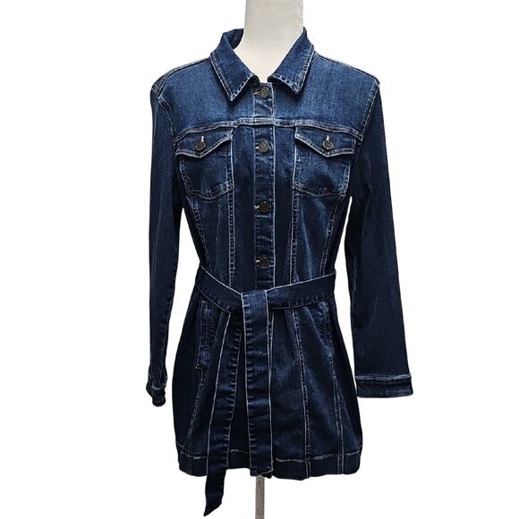 Susan Graver Jeans Dark Blue Denim Jacket Dress w/Belted Waist Womens Size MP - Picture 1 of 10